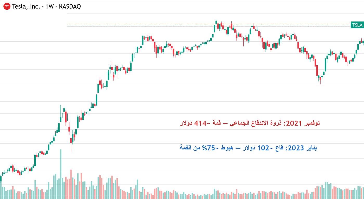 شارت أسبوعي لسهم تسلا يوضح قمة نوفمبر 2021 وقاع يناير 2023